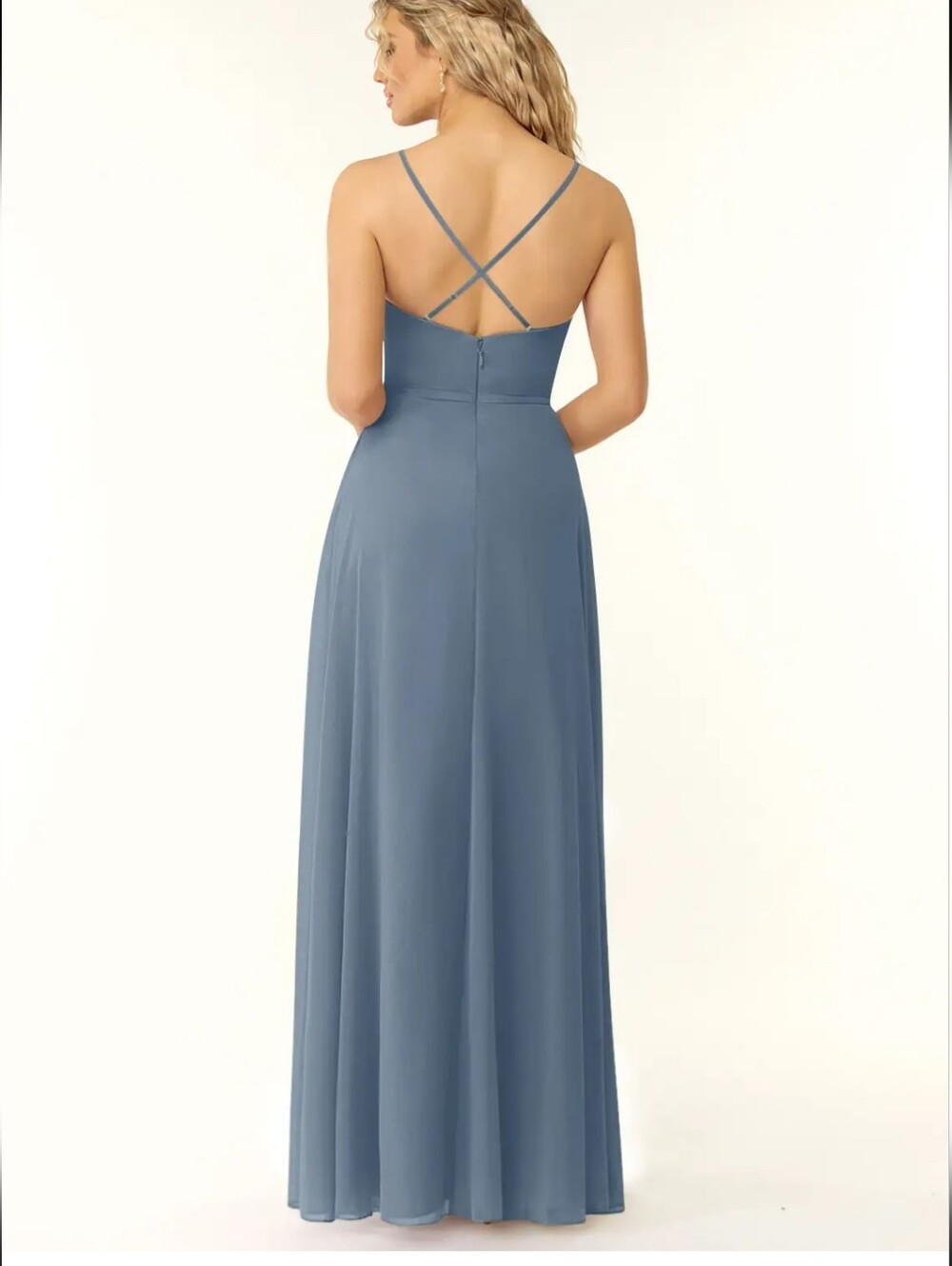 Azazie Sleeveless V-Neck Blue Ruffle Front Slit Maxi Dress Sz 6 - Picture 3 of 13